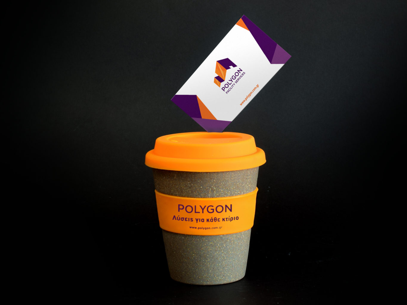 polygon facility services cup and business card with their logo