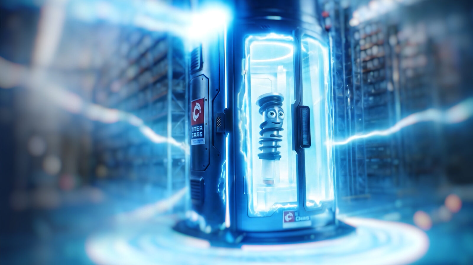 AI-generated teleportation scene featuring an automotive spare part, created by Fiftyeggz for Inter Cars Greece.