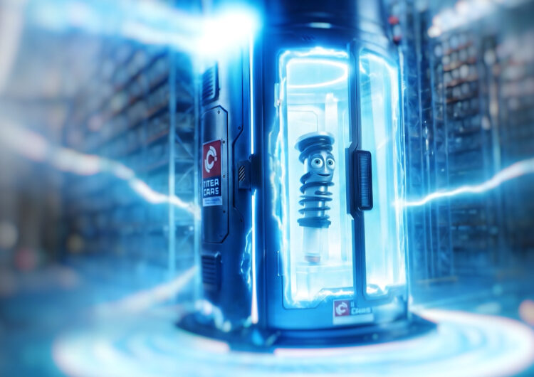 AI-generated teleportation scene featuring an automotive spare part, created by Fiftyeggz for Inter Cars Greece.